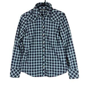 Eddie Bauer Womens Shirt Multi Plaid Pearl Snap Button Down Exposed Stitch S